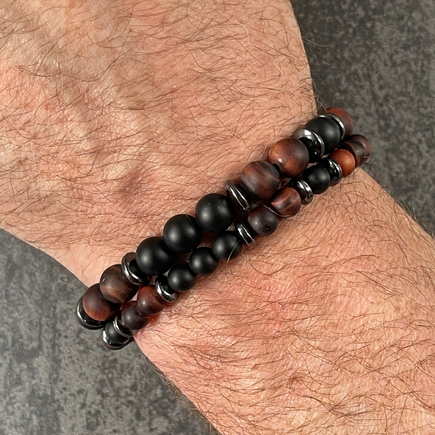 Matte Red Tiger Eye & Matte Onyx Beaded Bracelet