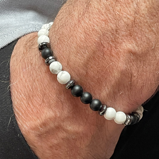 Matte White Howlite & Matte Onyx Beaded Bracelet