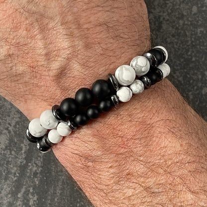 Matte White Howlite & Matte Onyx Beaded Bracelet
