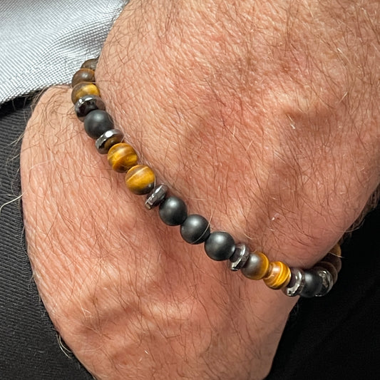 Matte Yellow Tiger Eye & Matte Onyx Beaded Bracelet