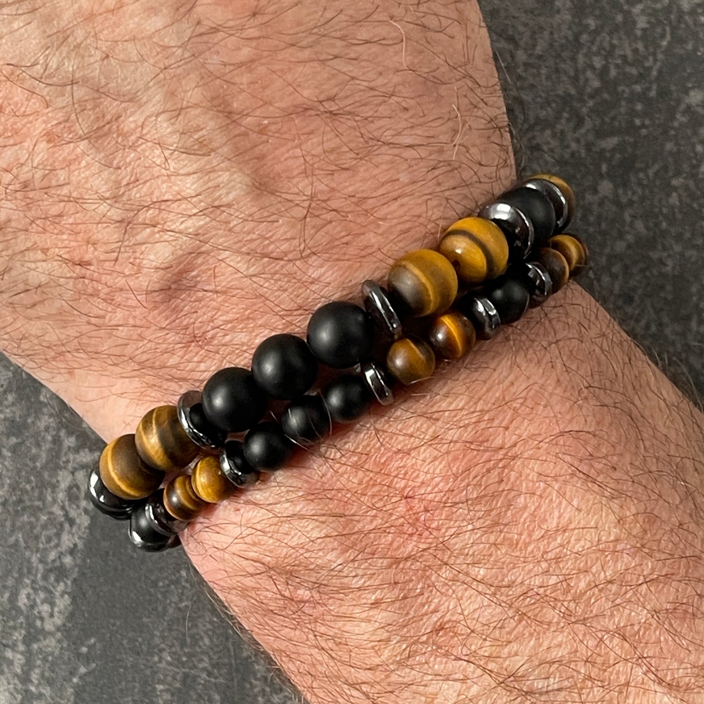Matte Yellow Tiger Eye & Matte Onyx Beaded Bracelet