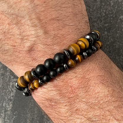 Matte Yellow Tiger Eye & Matte Onyx Beaded Bracelet