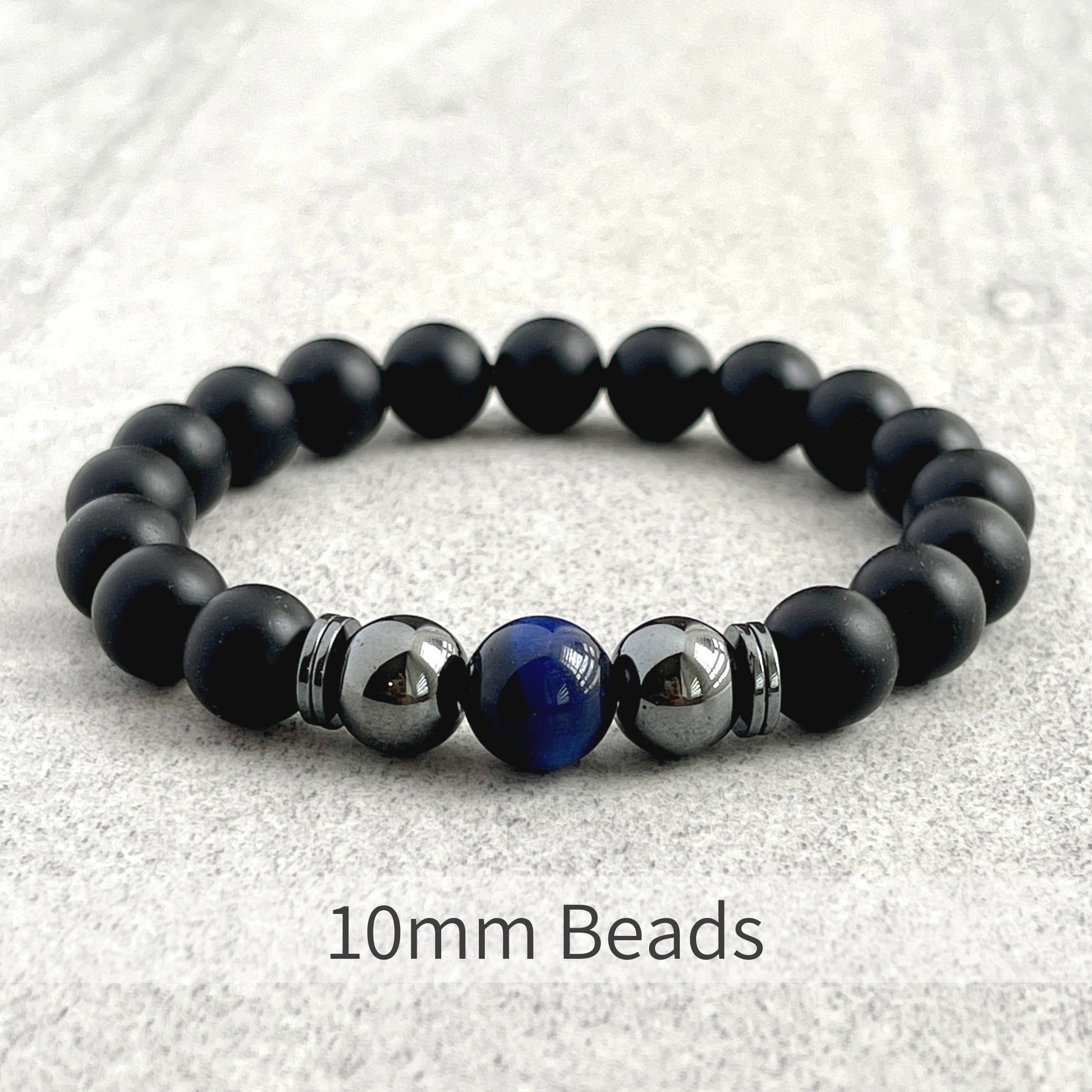 Close-up of Matte Onyx with Blue Tiger Eye and Hematite beads