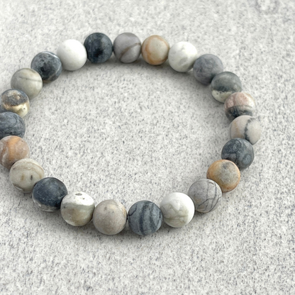 Matte Silver Picasso Jasper Beaded Bracelet with Timeless Appeal