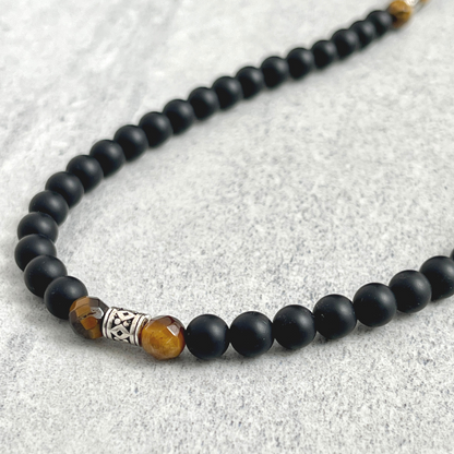 Matte Onyx Beaded Necklace with Faceted Yellow Tiger Eye and Sterling