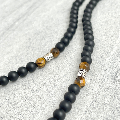 Matte Onyx Beaded Necklace with Faceted Yellow Tiger Eye and Sterling