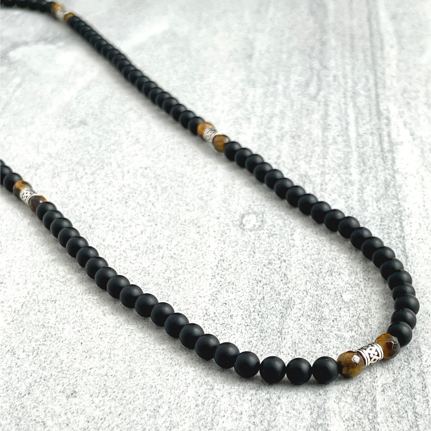 Matte Onyx Beaded Necklace with Faceted Yellow Tiger Eye and Sterling