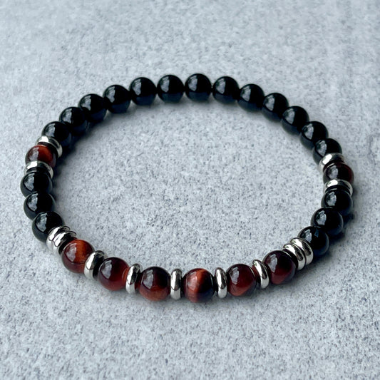 Onyx & Red Tiger Eye Beaded Bracelet