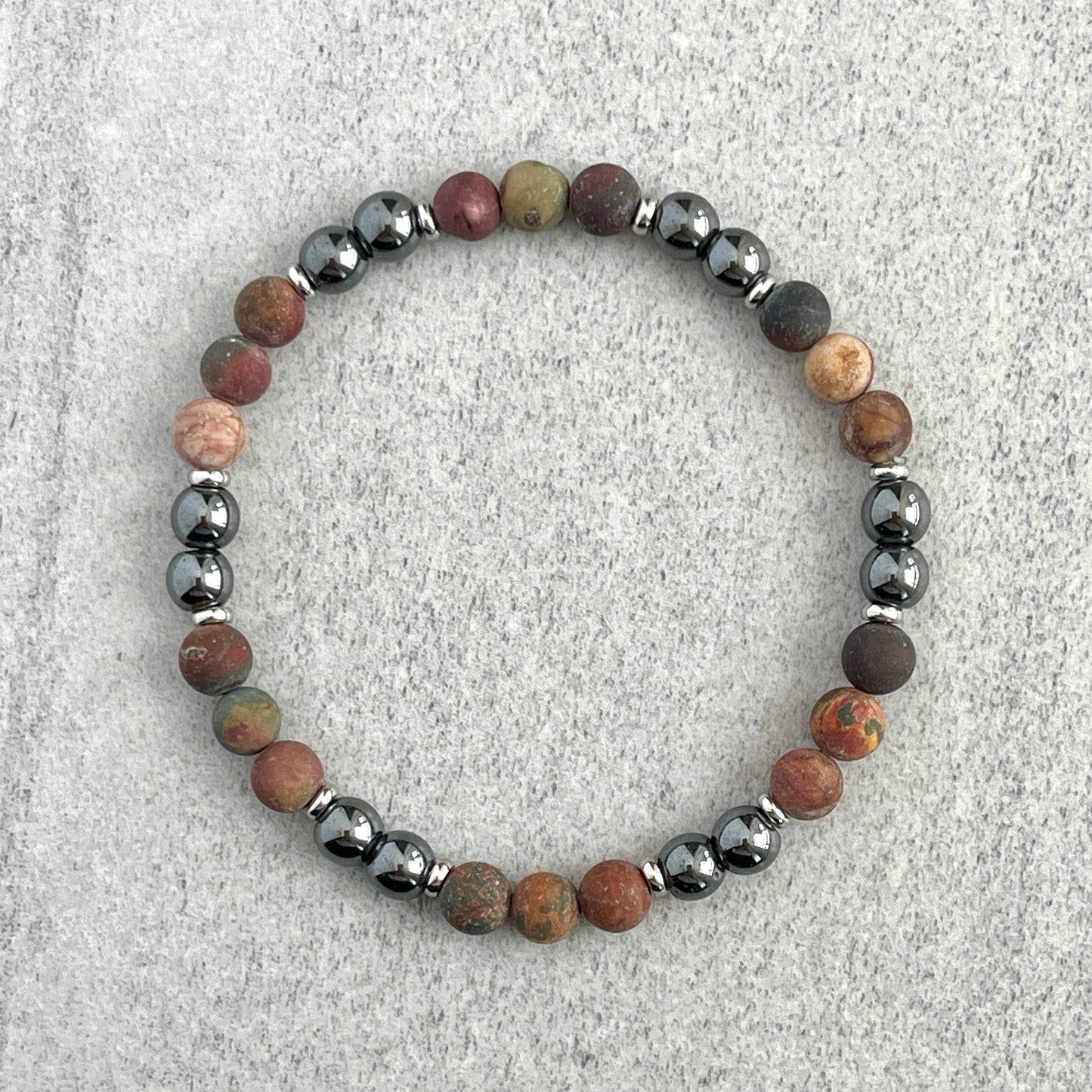 Matte Picasso Jasper and Hematite Beaded Bracelet