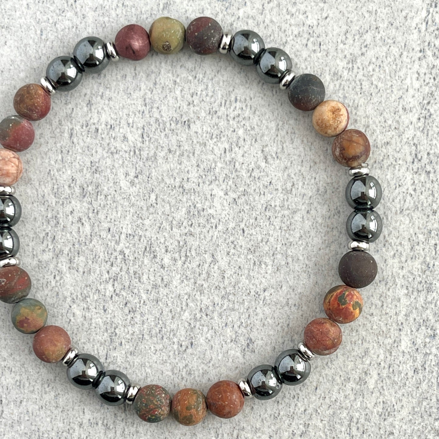 Matte Picasso Jasper and Hematite Beaded Bracelet