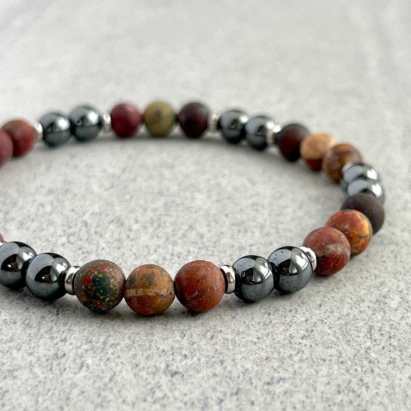 Matte Picasso Jasper and Hematite Beaded Bracelet