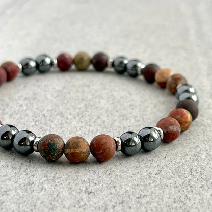 Matte Picasso Jasper and Hematite Beaded Bracelet