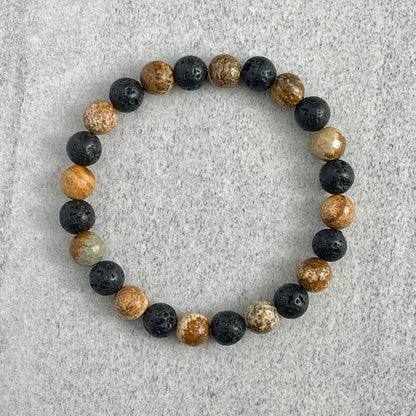 Faceted Picture Jasper and Black Lava Beaded Bracelet