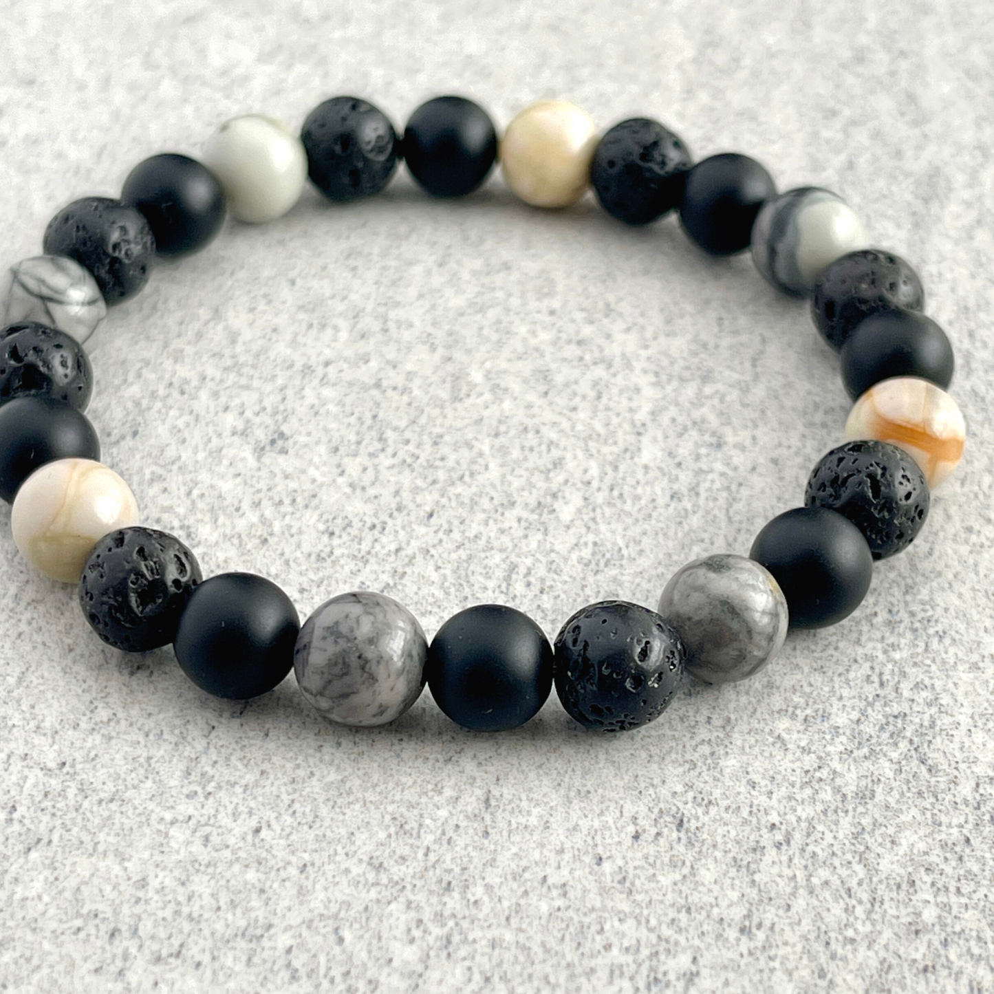 Silver Picasso Jasper, Matte Onyx & Black Lava Bracelet