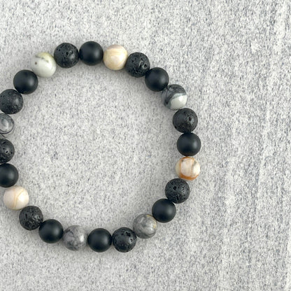 Silver Picasso Jasper, Matte Onyx & Black Lava Bracelet