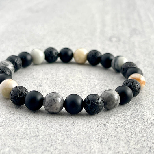 Silver Picasso Jasper, Matte Onyx & Black Lava Bracelet