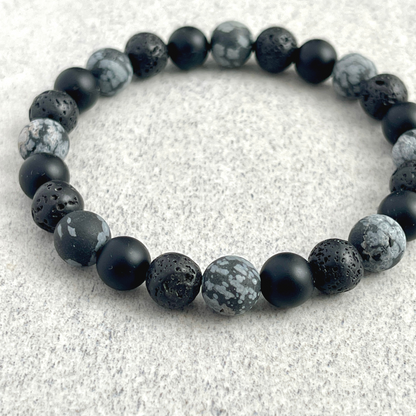 Matte Snowflake Obsidian, Matte Onyx & Black Lava Bracelet