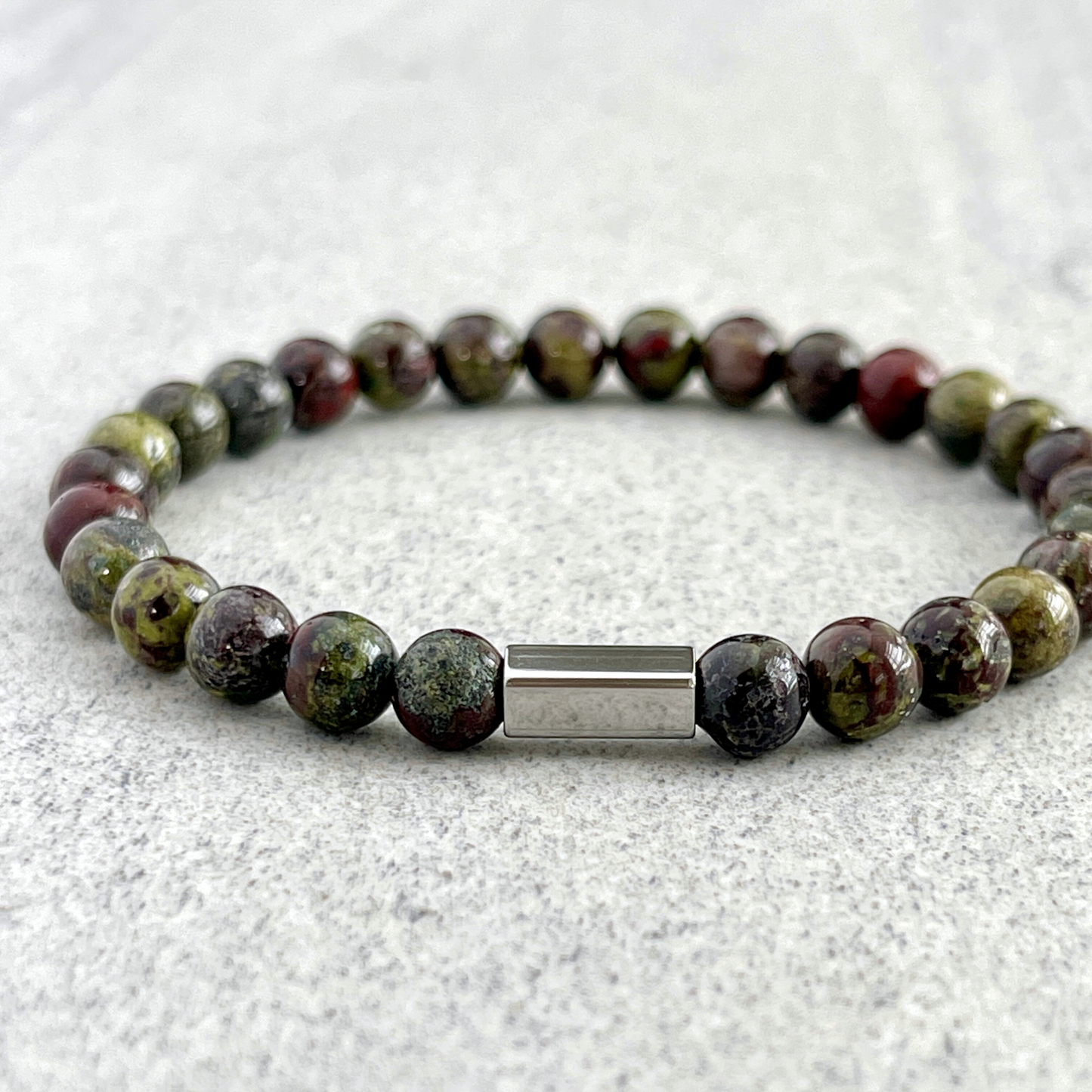 Dragon Blood Jasper Beaded Bracelet with Stainless Steel Accent