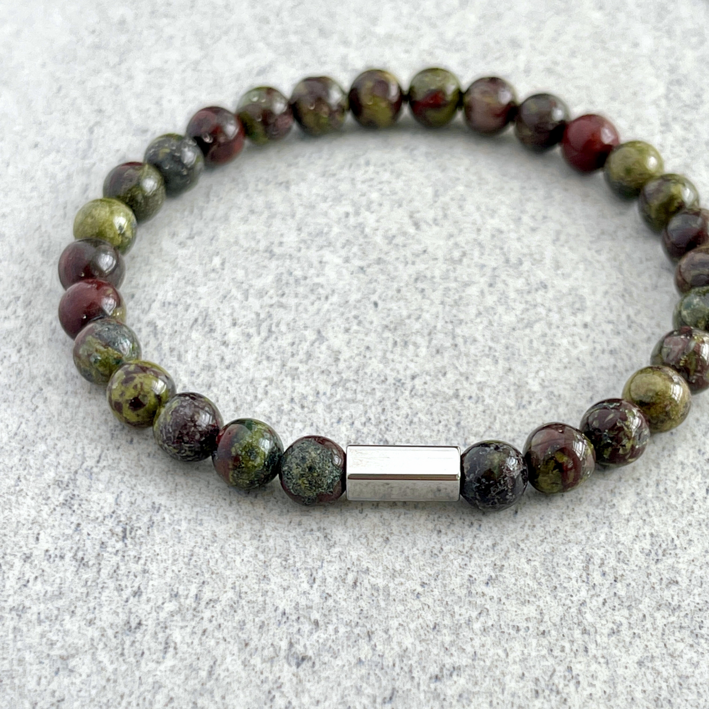 Dragon Blood Jasper Beaded Bracelet with Stainless Steel Accent