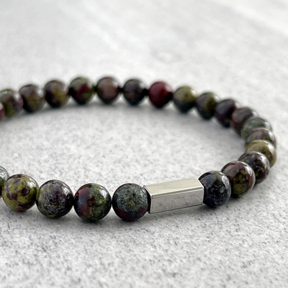 Dragon Blood Jasper Beaded Bracelet with Stainless Steel Accent