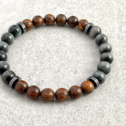 Tiger Skin Sandalwood and Chrysoberyl with Hematite Beaded Bracelet