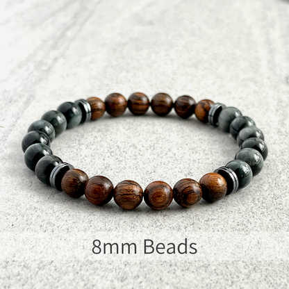 Tiger Skin Sandalwood and Chrysoberyl with Hematite Beaded Bracelet