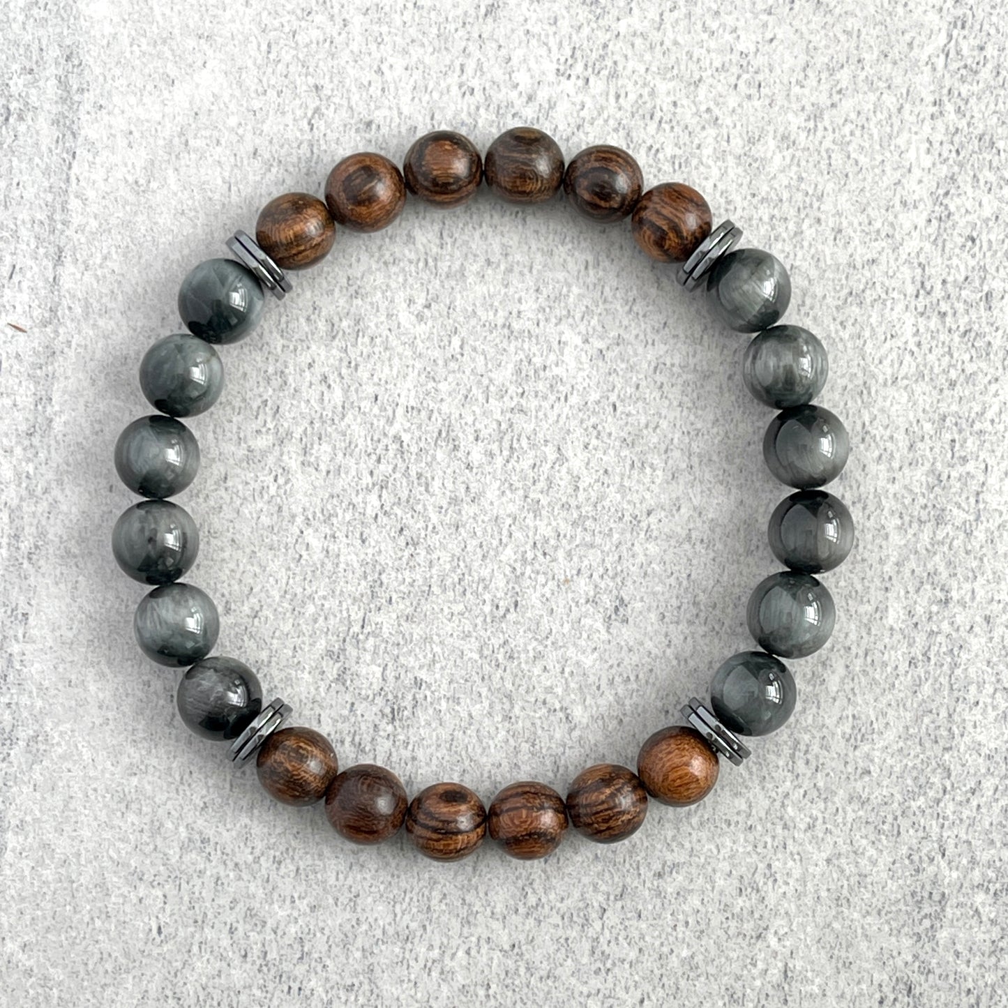 Tiger Skin Sandalwood and Chrysoberyl with Hematite Beaded Bracelet