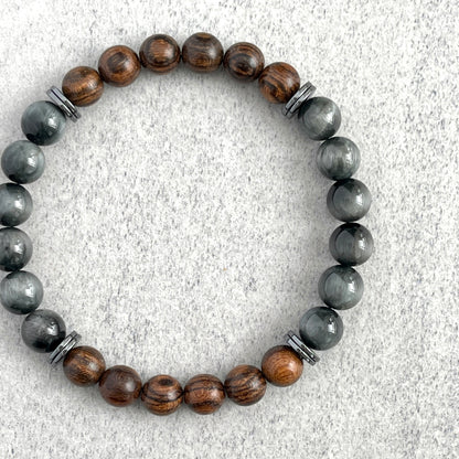 Tiger Skin Sandalwood and Chrysoberyl with Hematite Beaded Bracelet