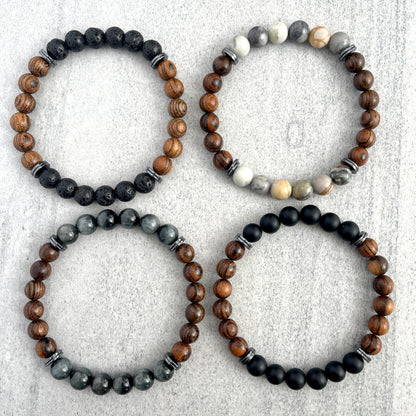 Tiger Skin Sandalwood and Black Lava with Hematite Beaded Bracelet