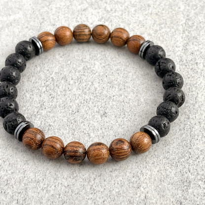 Tiger Skin Sandalwood and Black Lava with Hematite Beaded Bracelet