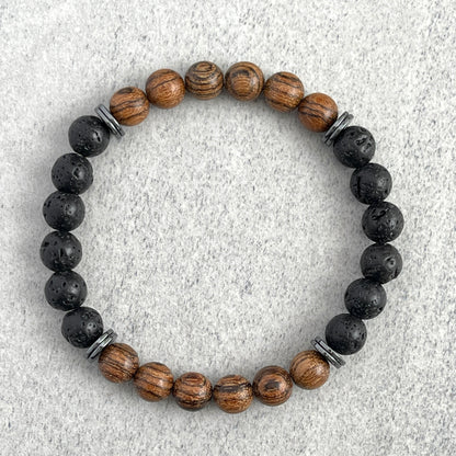 Tiger Skin Sandalwood and Black Lava with Hematite Beaded Bracelet