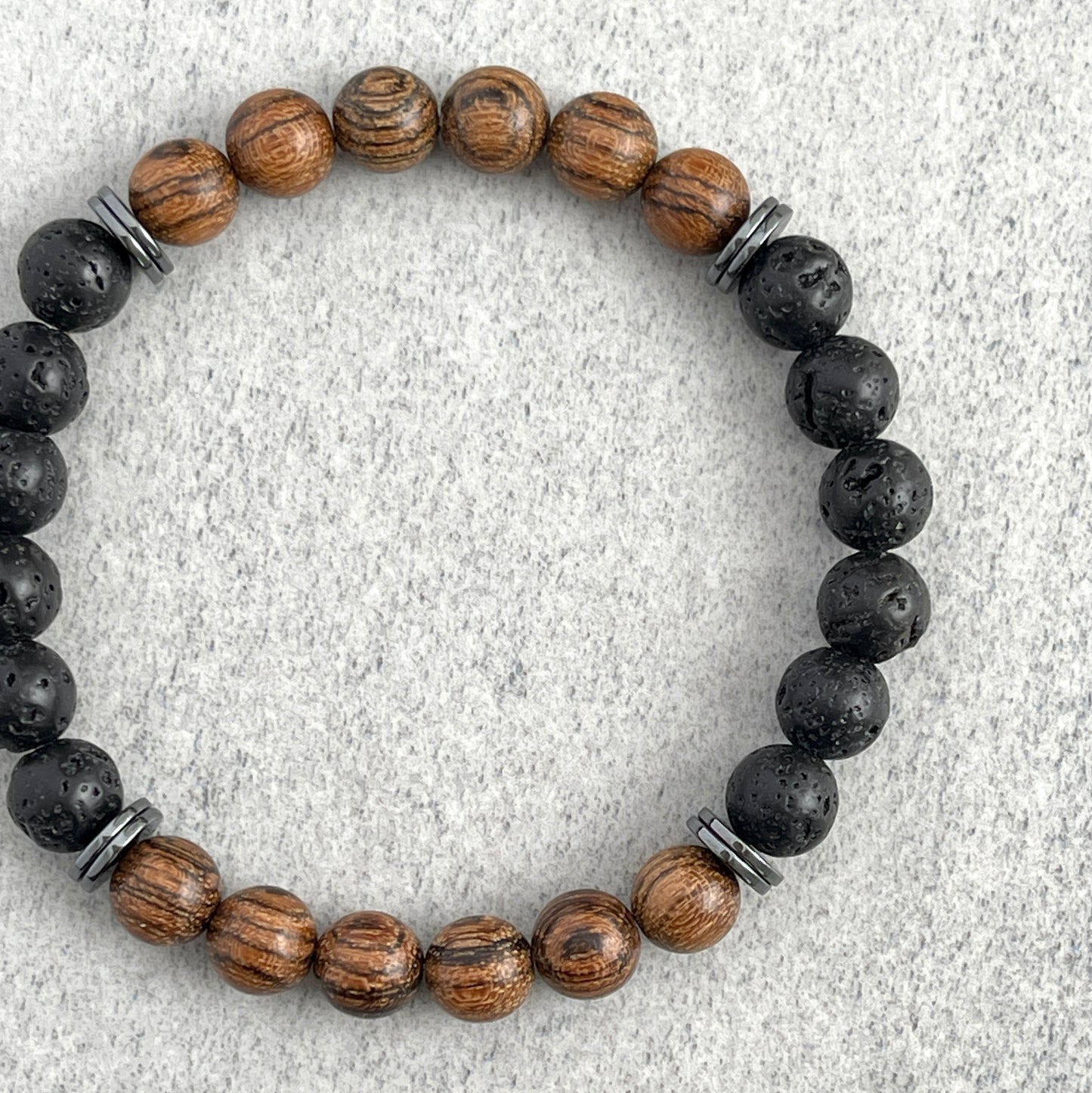 Tiger Skin Sandalwood and Black Lava with Hematite Beaded Bracelet