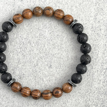 Tiger Skin Sandalwood and Black Lava with Hematite Beaded Bracelet