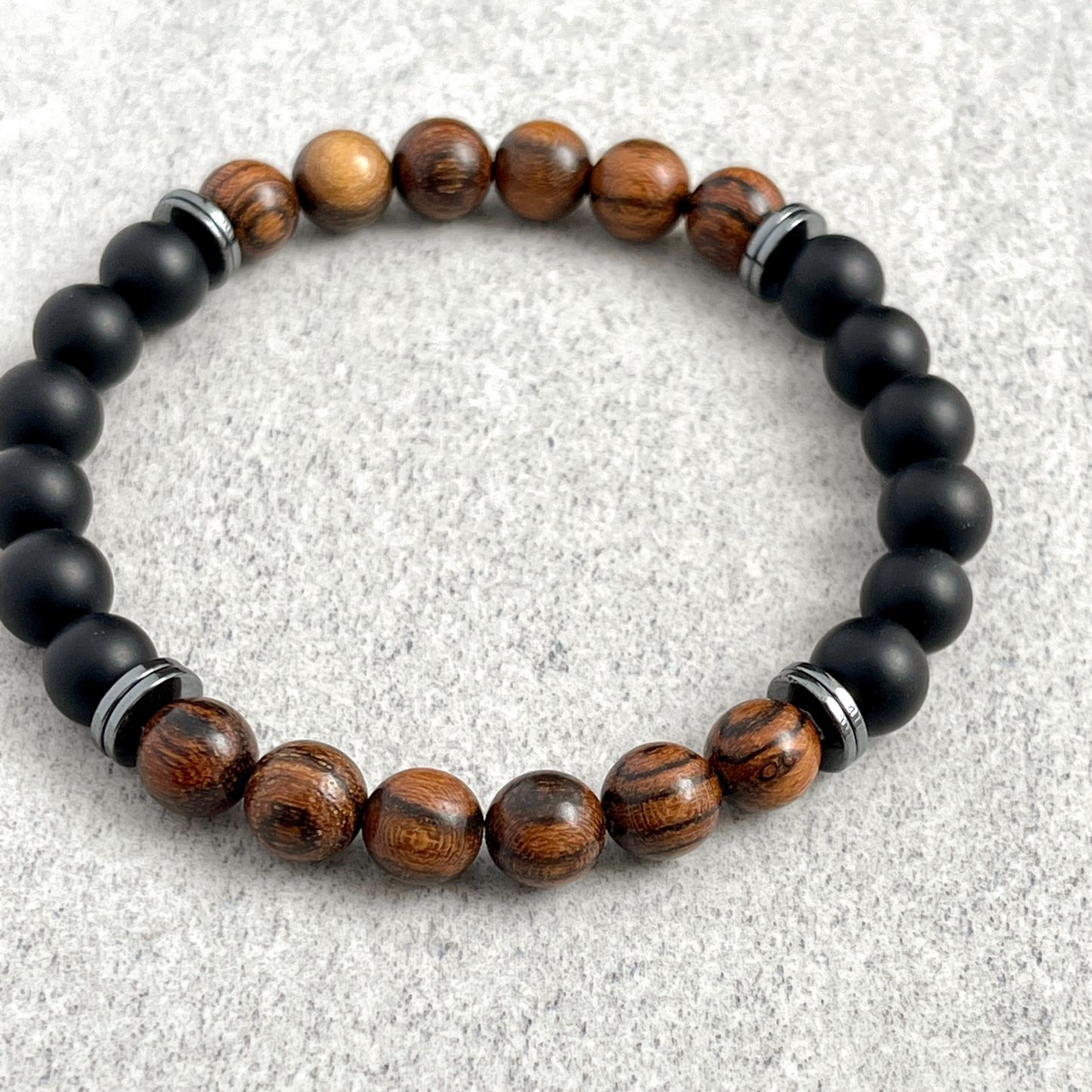 Tiger Skin Sandalwood and Matte Onyx with Hematite Beaded Bracelet