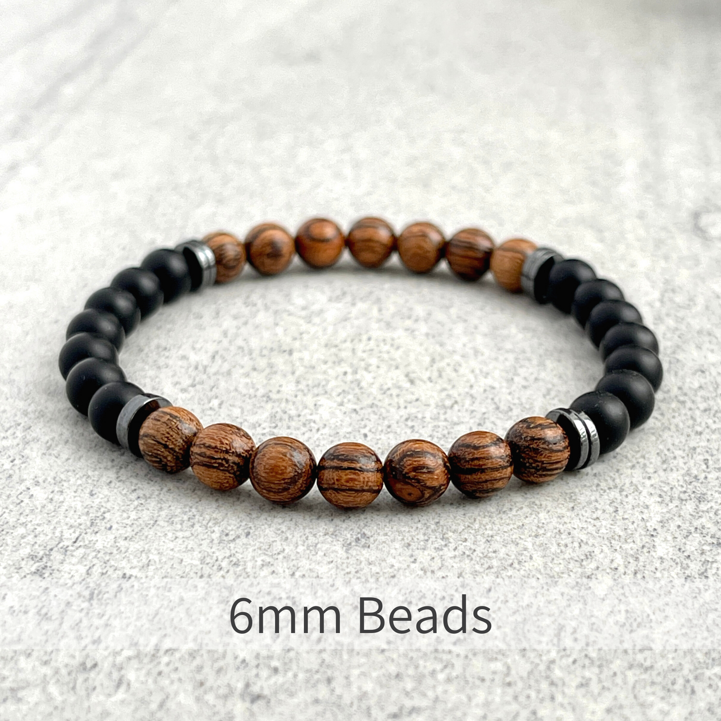 Tiger Skin Sandalwood and Matte Onyx with Hematite Beaded Bracelet