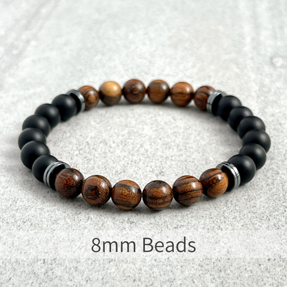 Tiger Skin Sandalwood and Matte Onyx with Hematite Beaded Bracelet