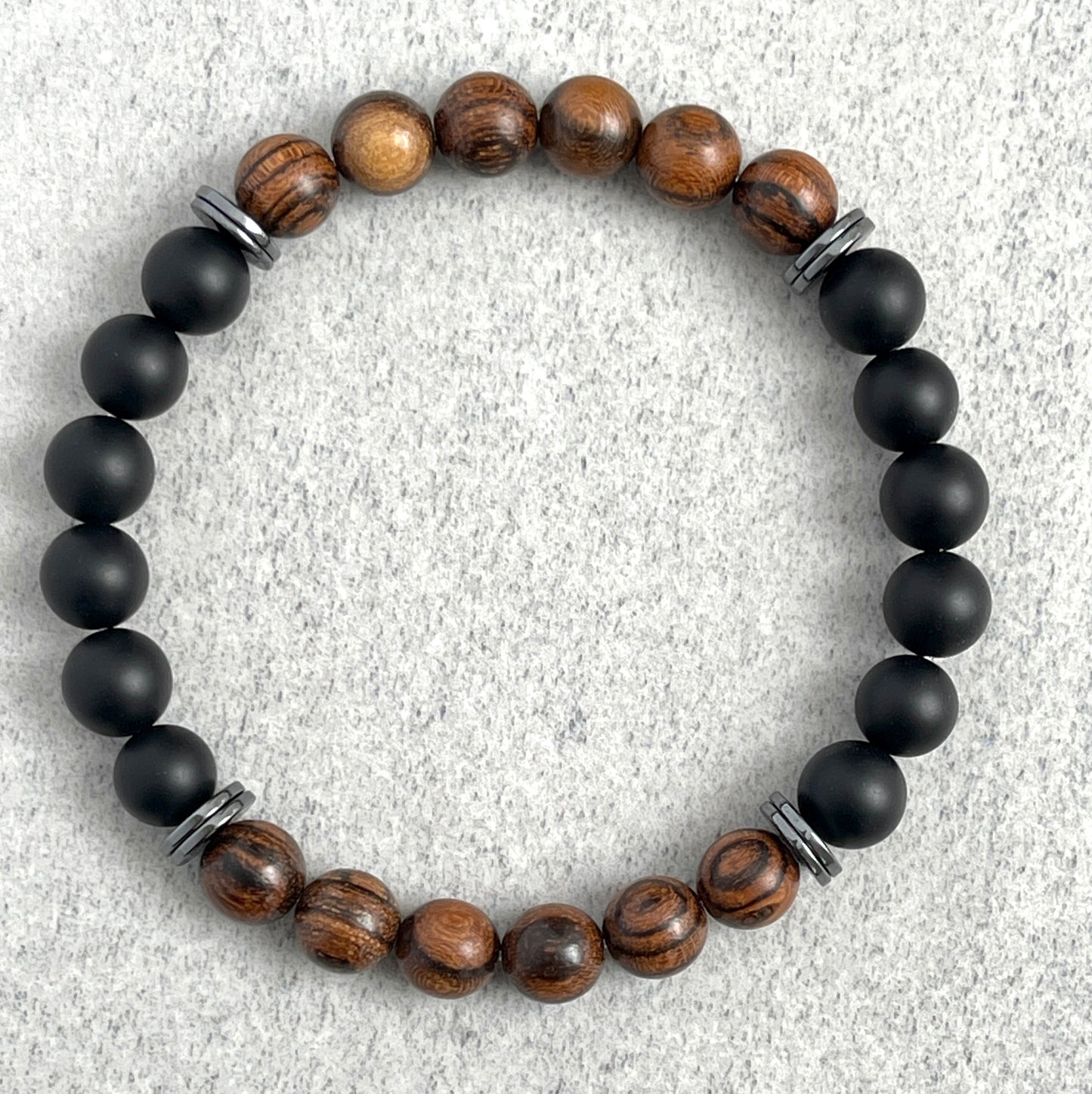 Tiger Skin Sandalwood and Matte Onyx with Hematite Beaded Bracelet