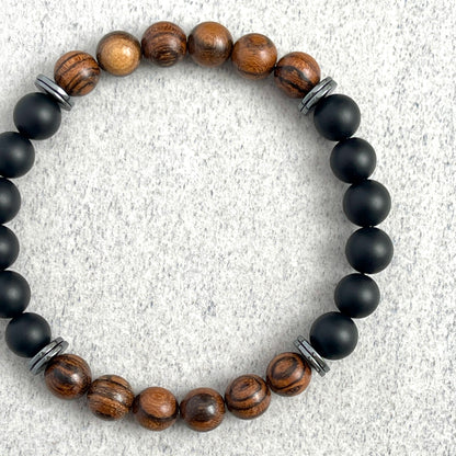 Tiger Skin Sandalwood and Matte Onyx with Hematite Beaded Bracelet