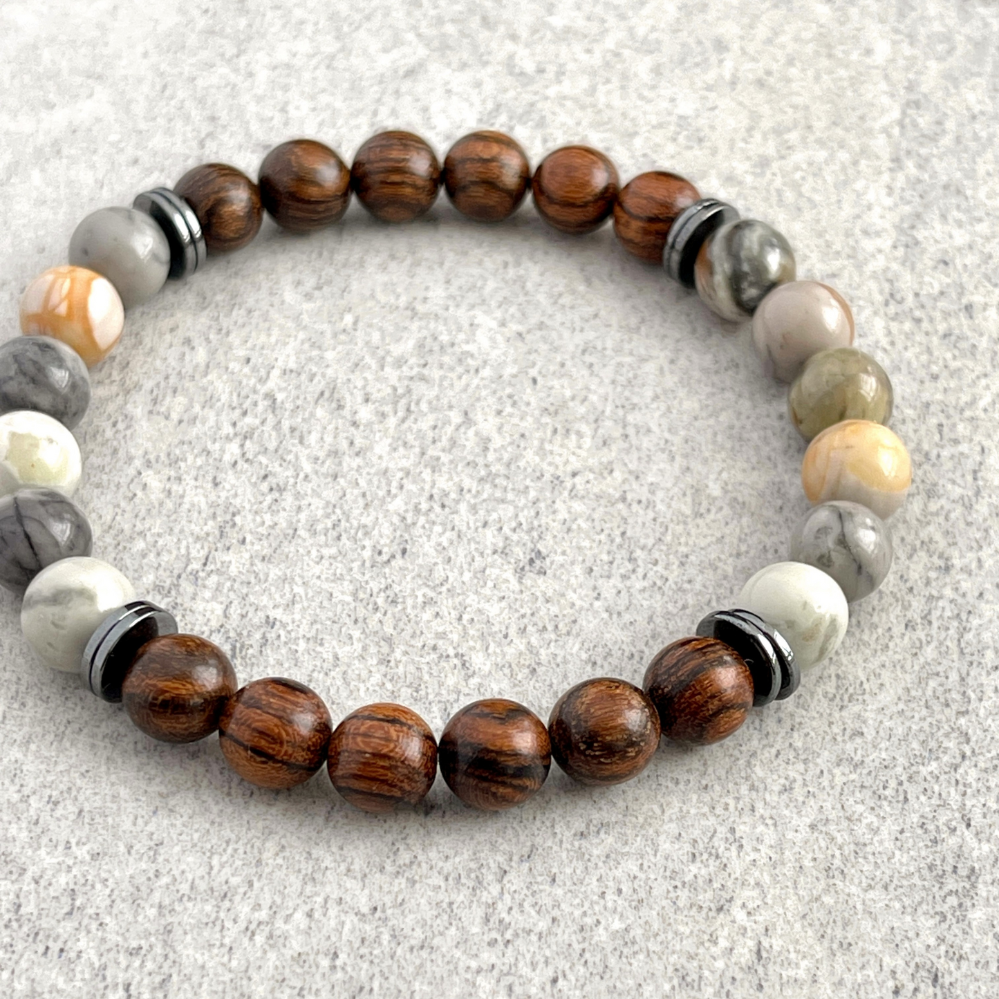 Tiger Skin Sandalwood and Silver Picasso with Hematite Beaded Bracelet