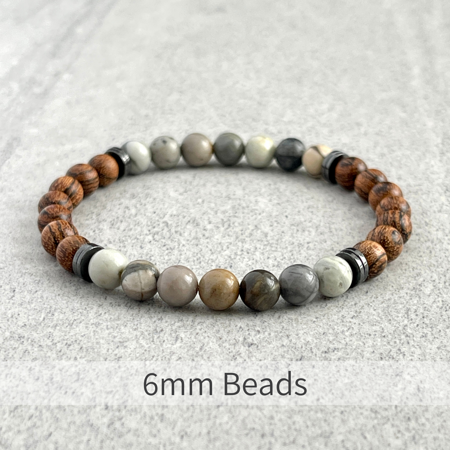 Tiger Skin Sandalwood and Silver Picasso with Hematite Beaded Bracelet