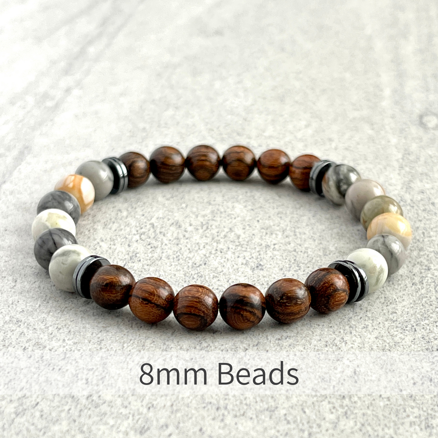 Tiger Skin Sandalwood and Silver Picasso with Hematite Beaded Bracelet