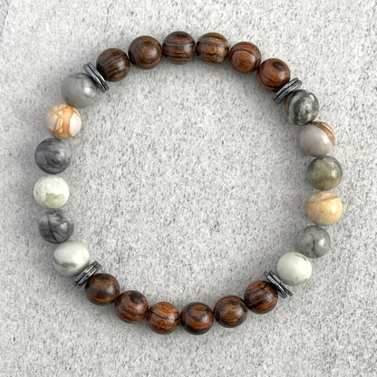 Tiger Skin Sandalwood and Silver Picasso with Hematite Beaded Bracelet