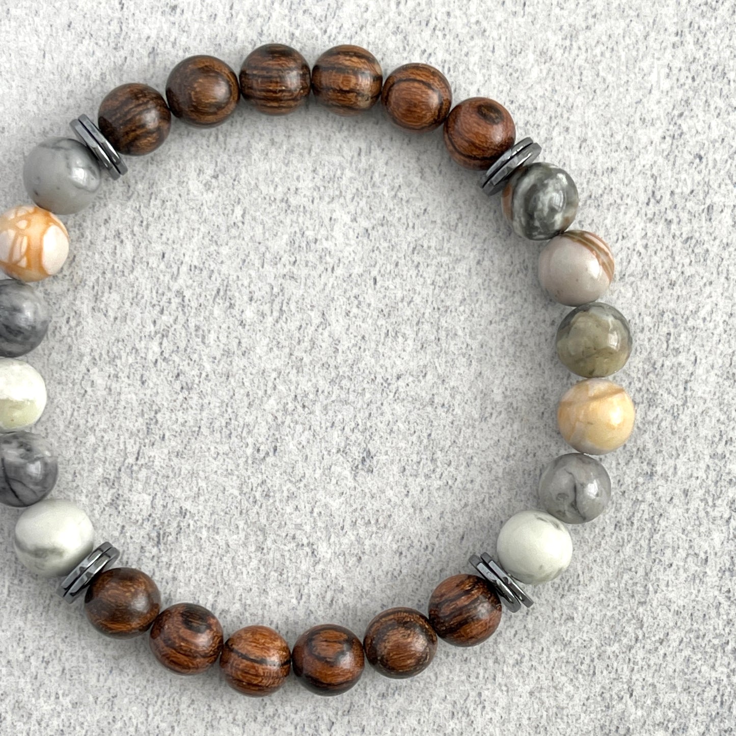 Tiger Skin Sandalwood and Silver Picasso with Hematite Beaded Bracelet