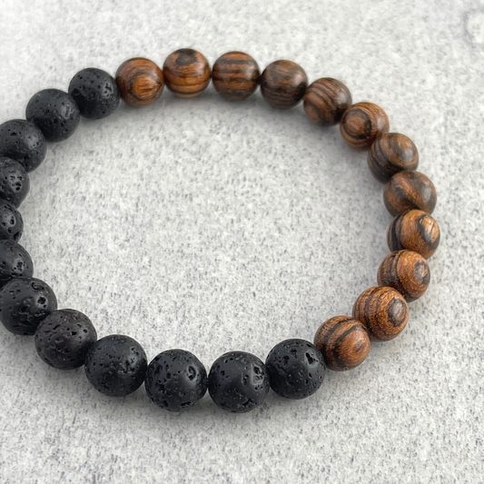 Half & Half Tiger Skin Sandalwood and Black Lava Beaded Bracelet