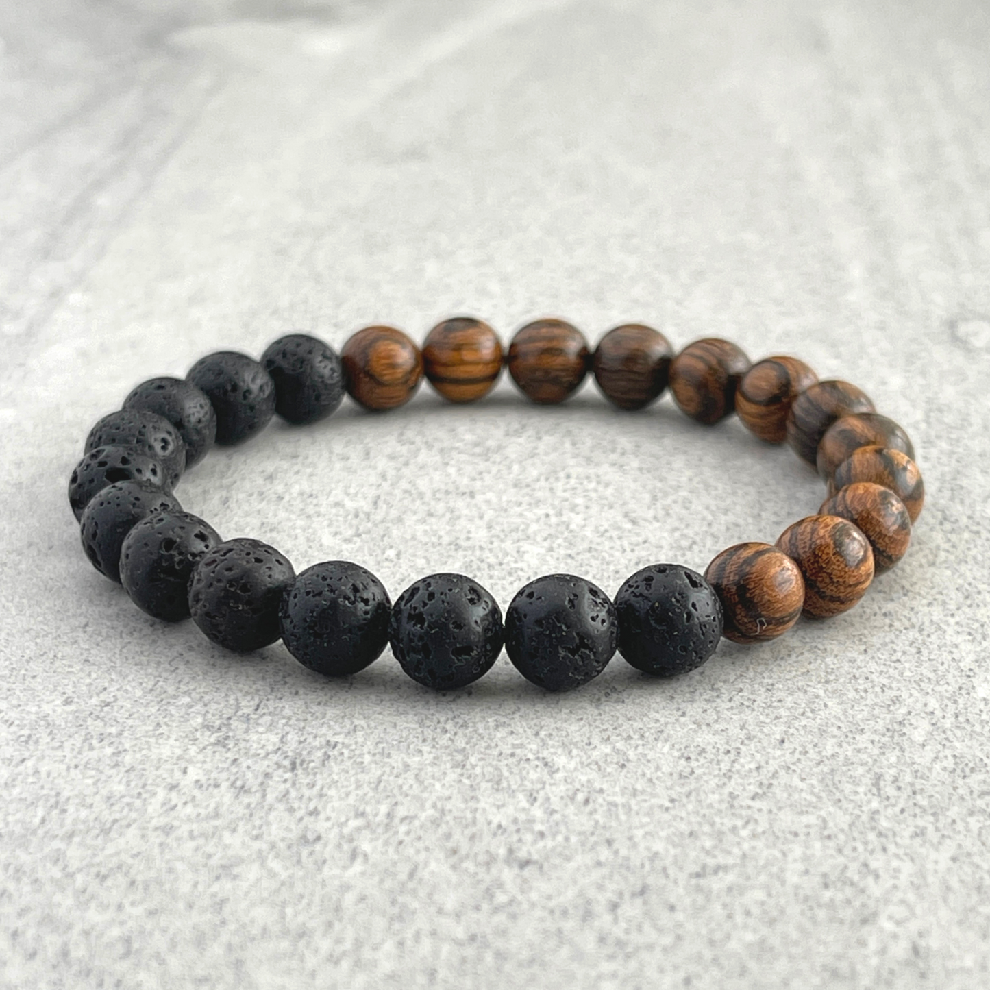 Half & Half Tiger Skin Sandalwood and Black Lava Beaded Bracelet