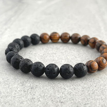 Half & Half Tiger Skin Sandalwood and Black Lava Beaded Bracelet