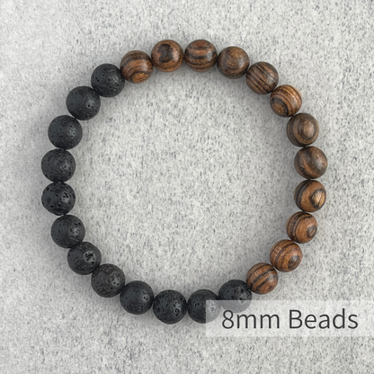 Half & Half Tiger Skin Sandalwood and Black Lava Beaded Bracelet