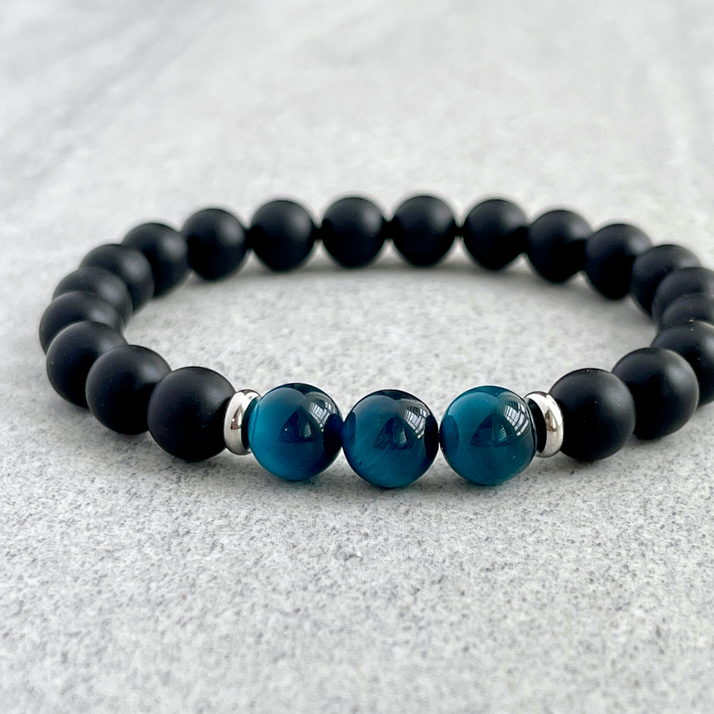 Matte Onyx and Tri-Aqua Blue Tiger Eye Bracelet