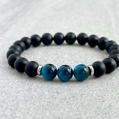 Matte Onyx and Tri-Aqua Blue Tiger Eye Bracelet