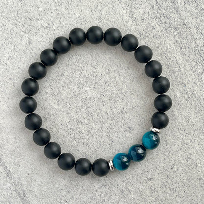 Matte Onyx and Tri-Aqua Blue Tiger Eye Bracelet